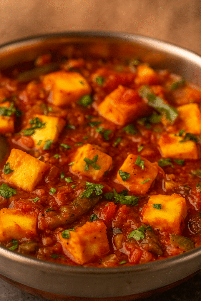 एक स्टील के बर्तन में परोसी गई मसालेदार पनीर की सब्जी, जिसमें सुनहरे पनीर क्यूब्स, टमाटर की ग्रेवी, शिमला मिर्च और ऊपर से हरा धनिया सजा हुआ है।