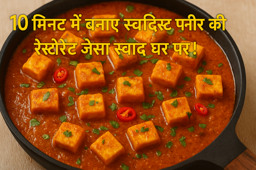 एक काले पैन में परोसी गई स्वादिष्ट पनीर की सब्जी, जिसमें मसालेदार गाढ़ी लाल-नारंगी ग्रेवी और धनिया पत्तियों से सजी सुनहरी पनीर क्यूब्स नजर आ रही हैं। ऊपर पीले अक्षरों में हिंदी में लिखा है: '10 मिनट में बनाए स्वादिष्ट पनीर की रेस्ट्रोरेंट जैसा स्वाद घर पर